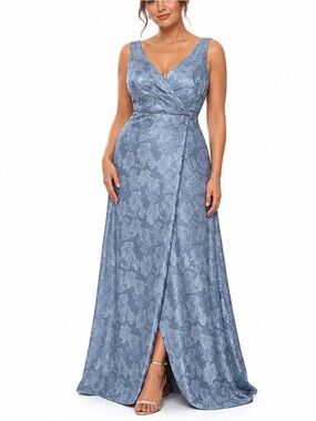 Azazie Atelier Dress Womens 16 Dusty Blue Floral Fil Coupe Maxi Gown Formal